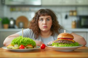 Une femme aux cheveux ondulés devant des plats: un gros hamburger avec de la salade et un plat de salade.